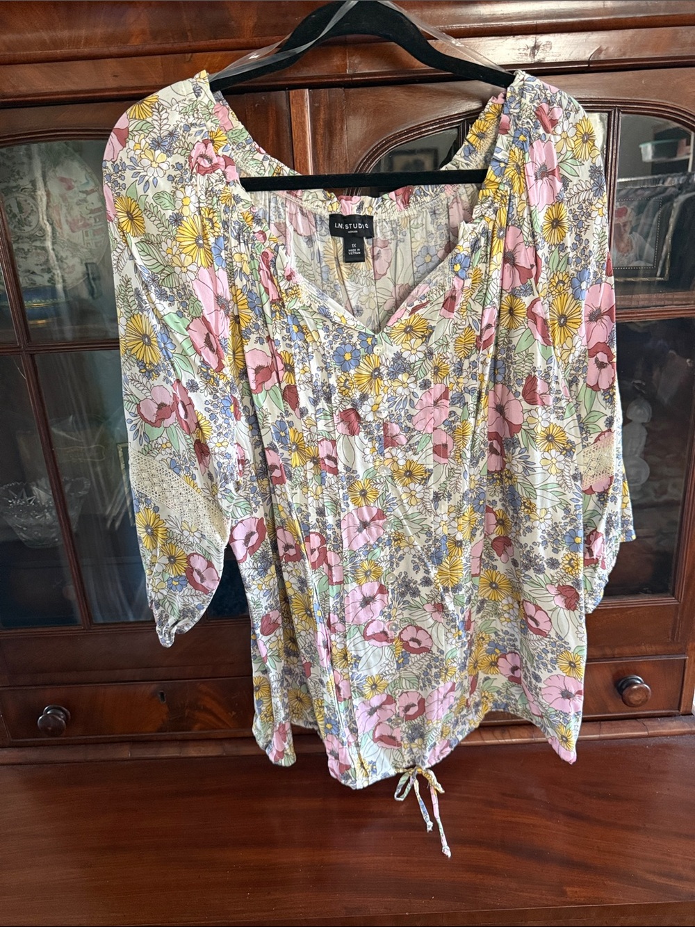 I.N. Studio Floral Drawstring V-Neck Top - Pink, Yellow & Blue